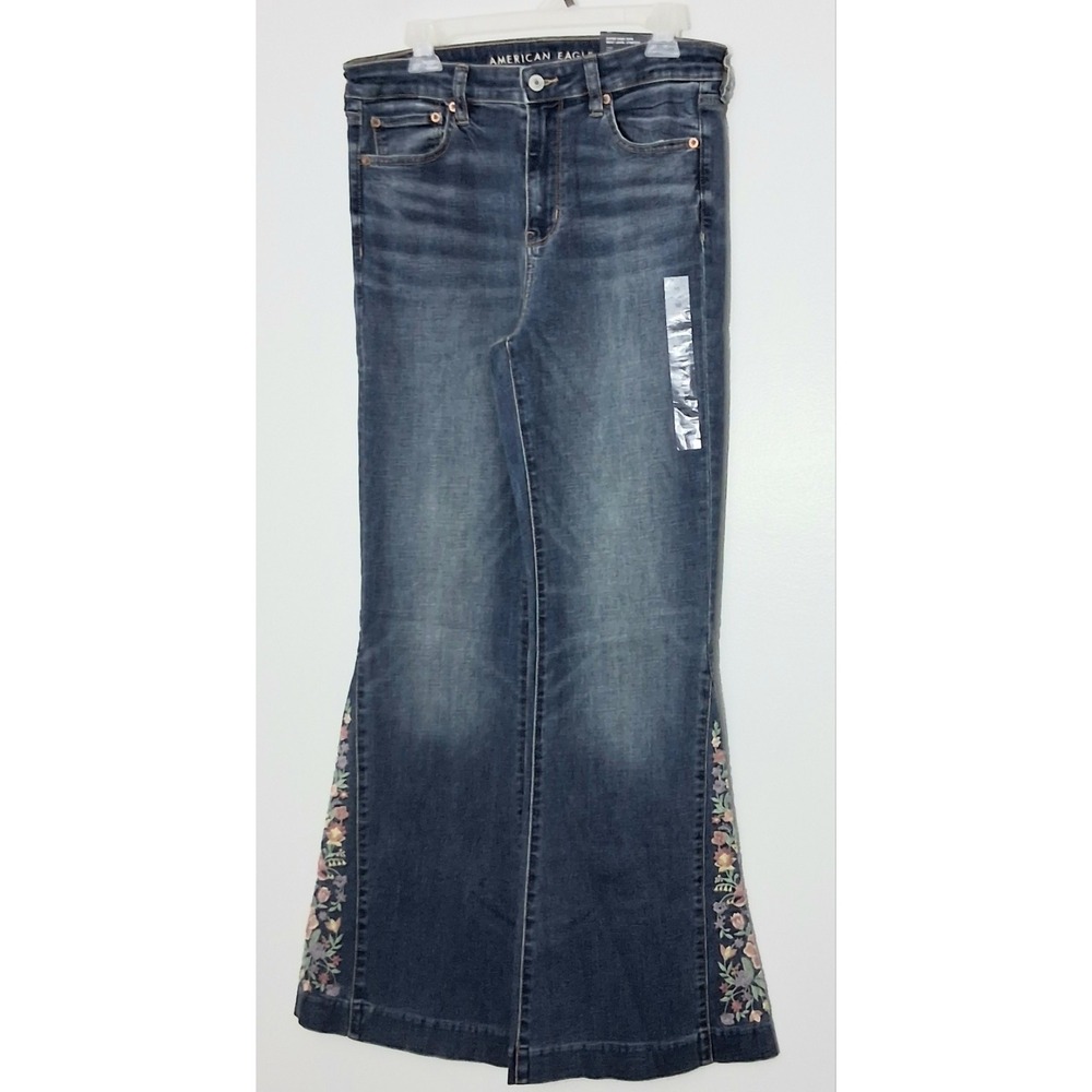American Eagle Jeans Size 10 Super High-Waist Floral Embroidered Flare Y2K NEW - Picture 1 of 16